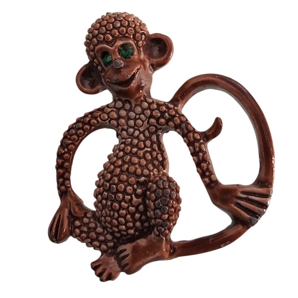 Vintage Gerry's Enamel Monkey‎ Brooch with Green Rhinestone Eyes, Signed 1"